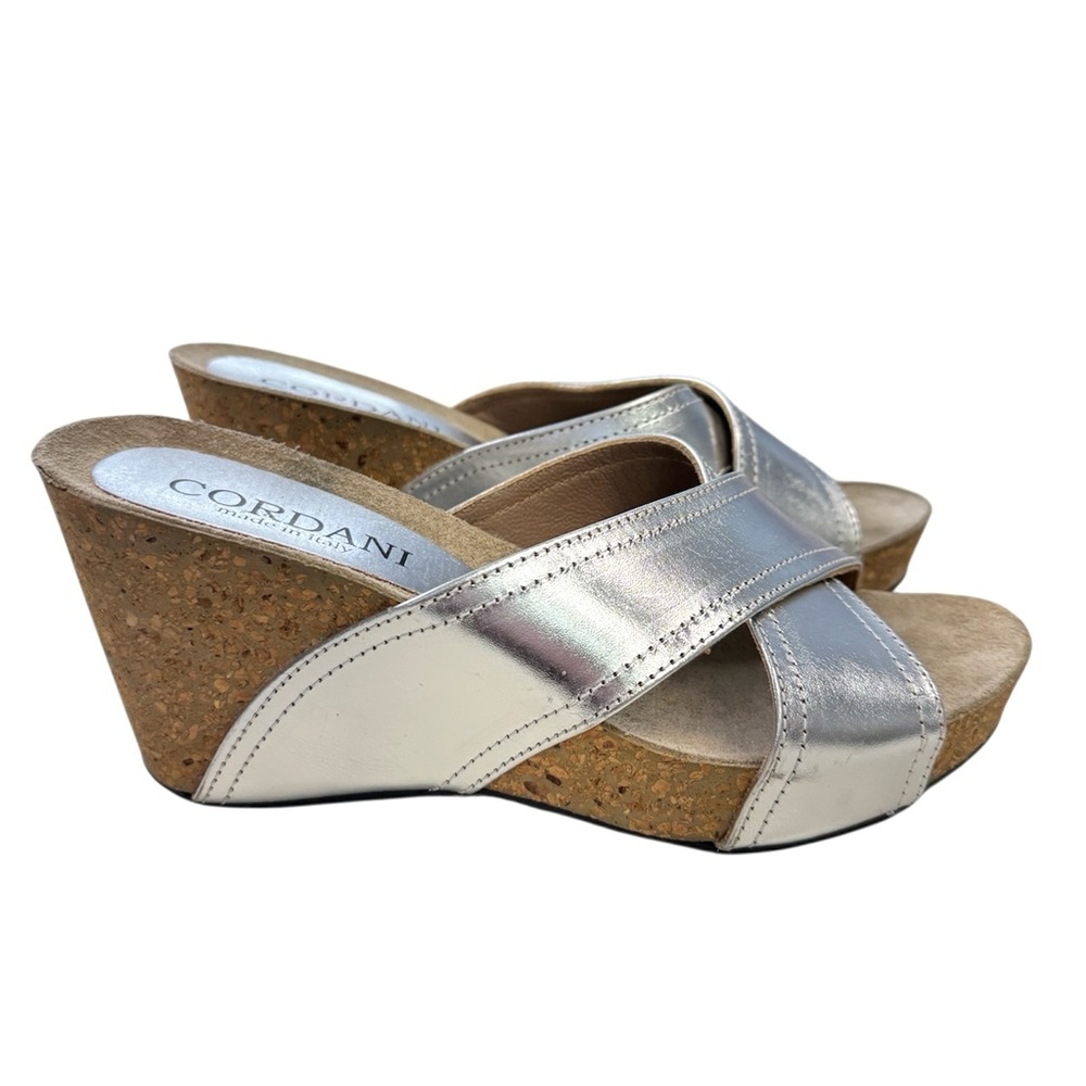 Cordani Metallic Silver Wedge Sandals Size 37 US 6.5
